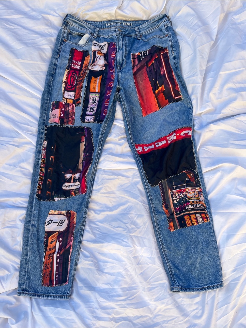 American Eagle upcycled Tokyo Patchwork Jeans cityscape Anime streetwear